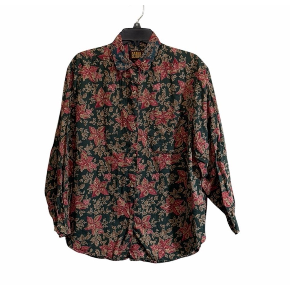 Vintage Faded Glory Med button Up Shirt Med Dark Floral Y2K 90's Grunge Grandma
